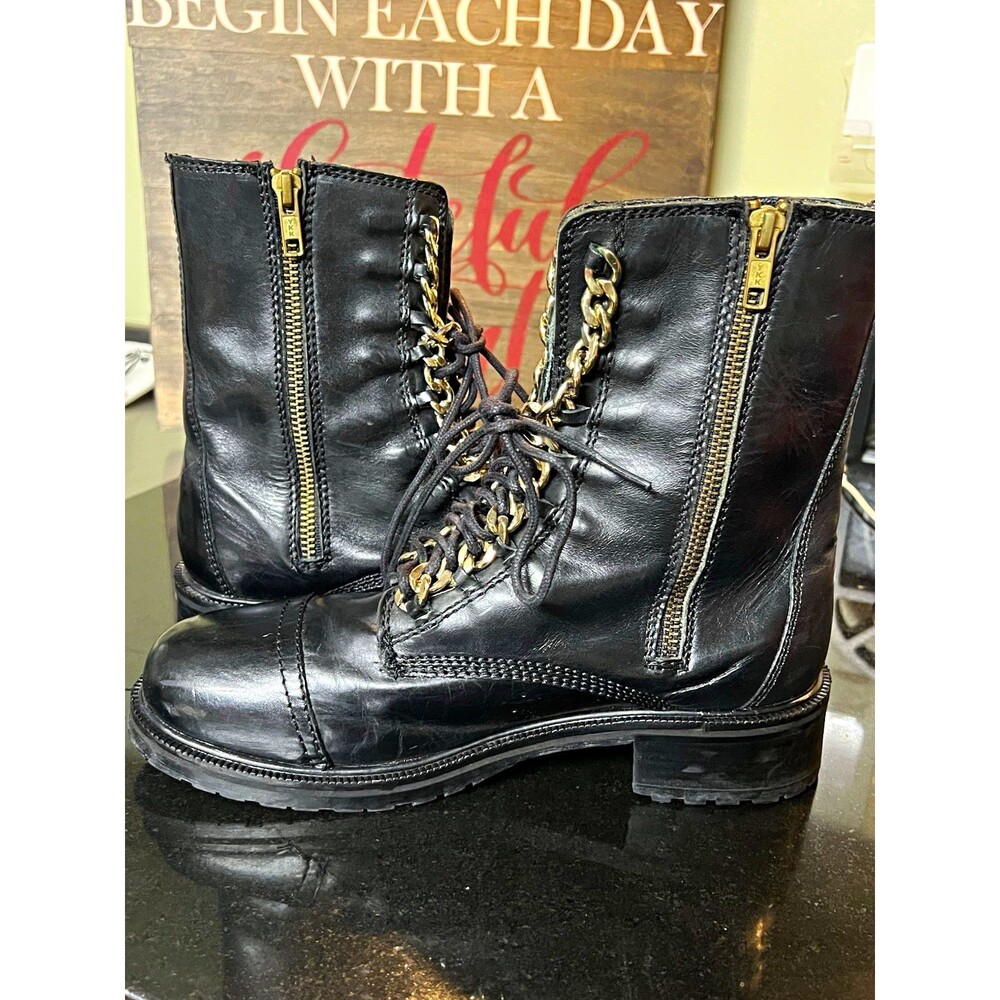 Steve Madden Troopale Black Leather Gold Chain Lace-Up Combat Boots Size 8